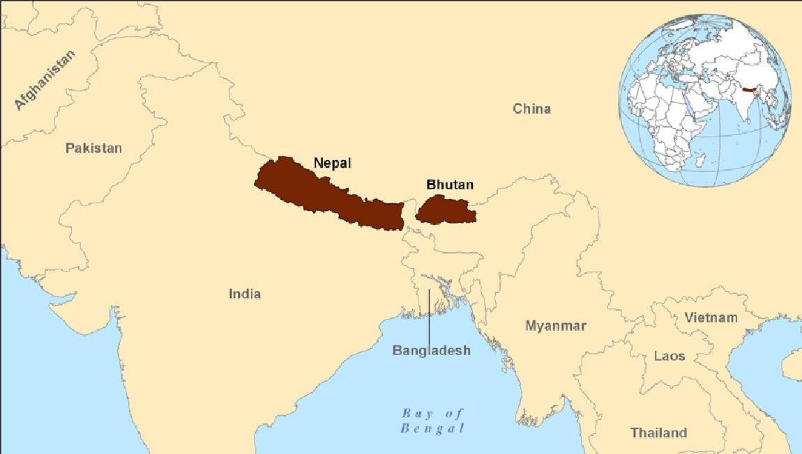 Непал и бутан. Непал и бутан на карте. Бутан Тибет Непал карта.